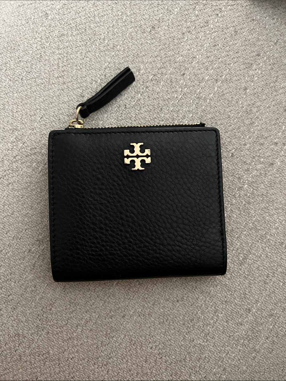 Tory Burch Black Pebbled Leather Fold Wallet with Gold Logo